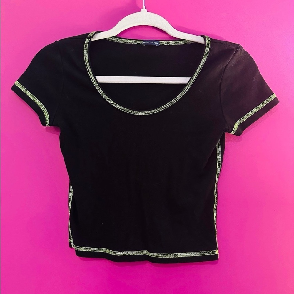Brandy Melville Black and Green Fitted Crop T-Shirt